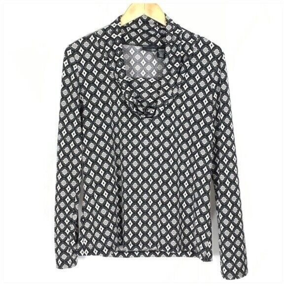 East 5th Cowl Neck Blouse Women Size Medium Black Geometric Print Long Sleeve - Picture 2 of 5
